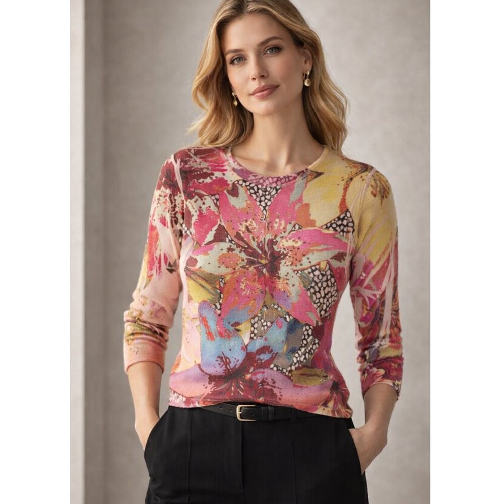 Vintage Cut Cute USA Cardigan Lightweight Knit Abstract Floral Print Colorful XL